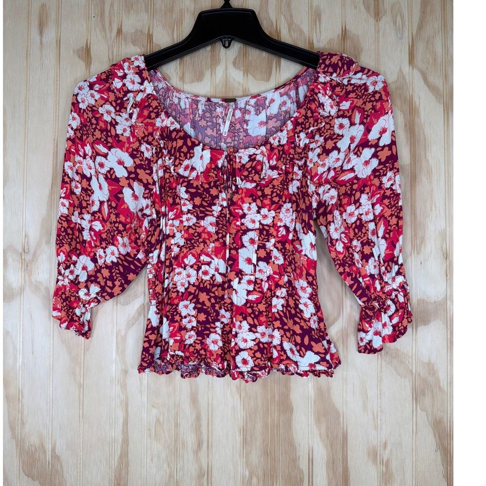 Free People Sweet Memories Blouse Fruit Punch Floral Tie Front XS Boho Festival